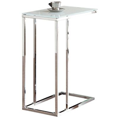 HomeStock Art Deco Dreams Glass Top Snack Table, Chrome and White, 24" H x 10" W x 18" D, Sleek White Tempered Glass Surface with Chrome Base for Easy Snack Access