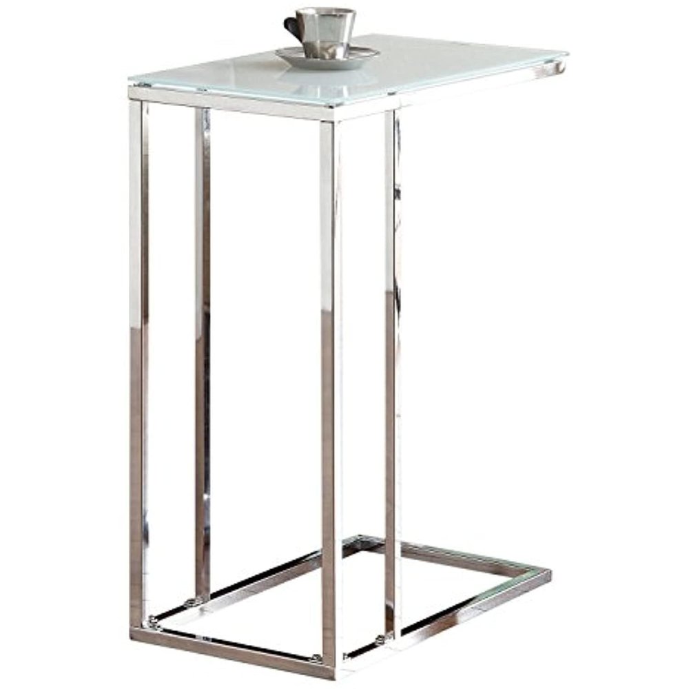 HomeStock Art Deco Dreams Glass Top Snack Table, Chrome and White, 24" H x 10" W x 18" D, Sleek White Tempered Glass Surface with Chrome Base for Easy Snack Access