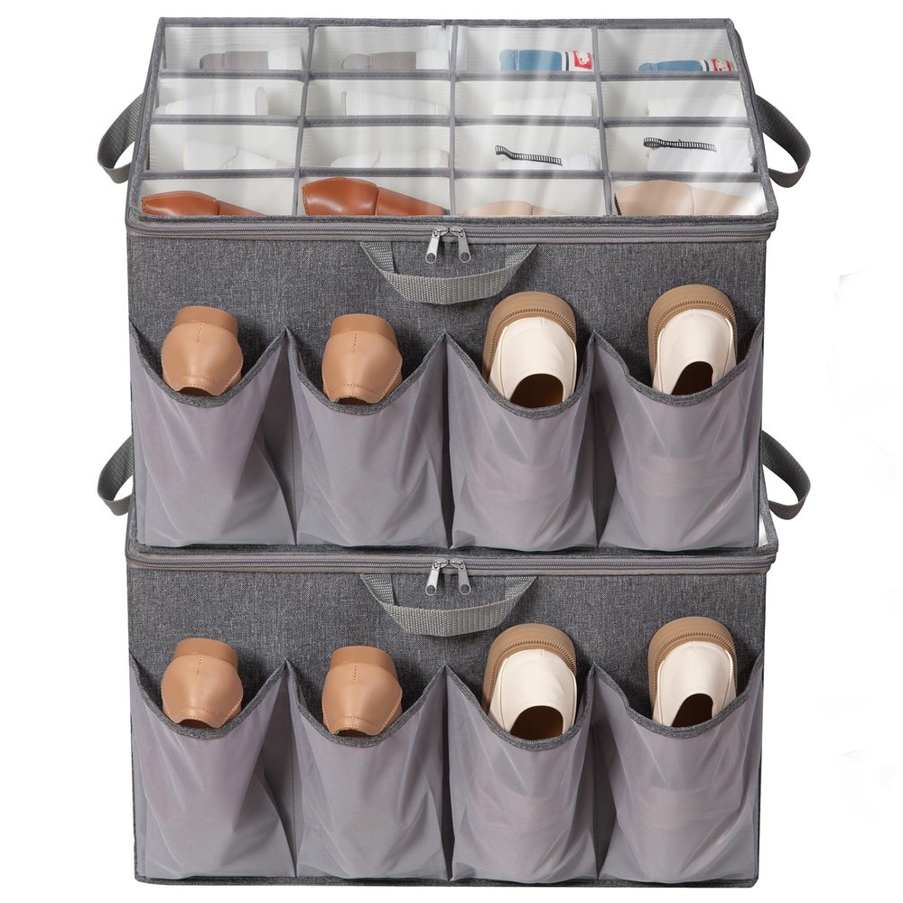 STORAGEIDEAS Shoe Organizer for Closet, Shoe Storage Solution with Clear Cover & Adjustable Dividers, Fabric Shoe Box Fits 16 +8 Pairs Shoes, Grey, 2-Pack