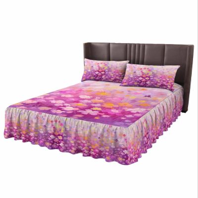 Spring Summer Flower Bed Skirt for King Size Bed,Wrap Around Bedding Skirt Dust Ruffle Bedskirt Sets With 2 Packs Matching Pillow Covers 36"x20",Classic 18 Inch Drop,Contemporary Painting Plant Herb