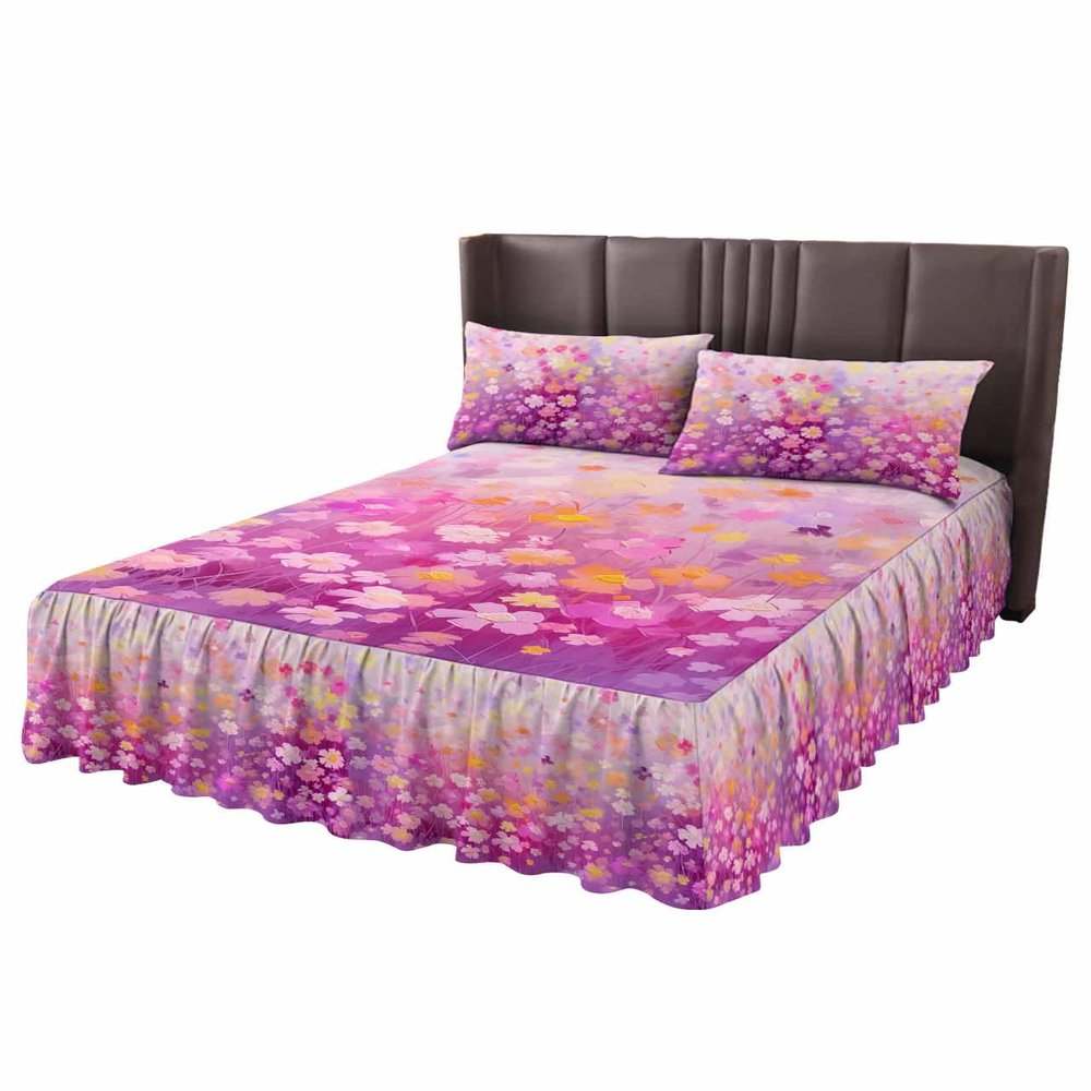 Spring Summer Flower Bed Skirt for King Size Bed,Wrap Around Bedding Skirt Dust Ruffle Bedskirt Sets With 2 Packs Matching Pillow Covers 36"x20",Classic 18 Inch Drop,Contemporary Painting Plant Herb