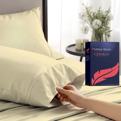Ashton Sheets 100% Egyptian Cotton Pillow Cases Standard/Queen Size Set of 2 - Luxury 1200 Thread Count Sateen Beige Pillow Cases, Silky Soft Cotton Pillowcases Fits Standard & Queen Size Pillows