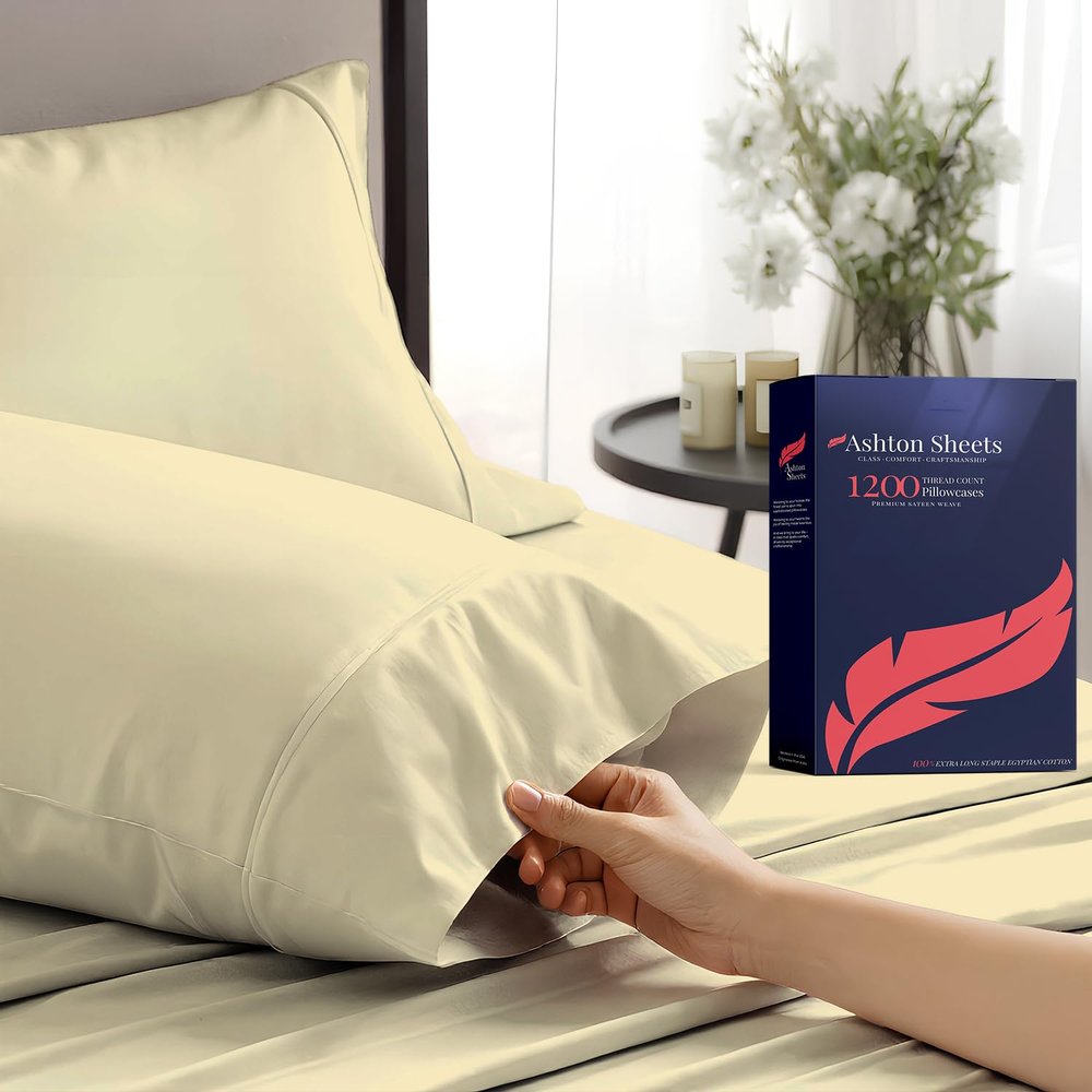 Ashton Sheets 100% Egyptian Cotton Pillow Cases Standard/Queen Size Set of 2 - Luxury 1200 Thread Count Sateen Beige Pillow Cases, Silky Soft Cotton Pillowcases Fits Standard & Queen Size Pillows