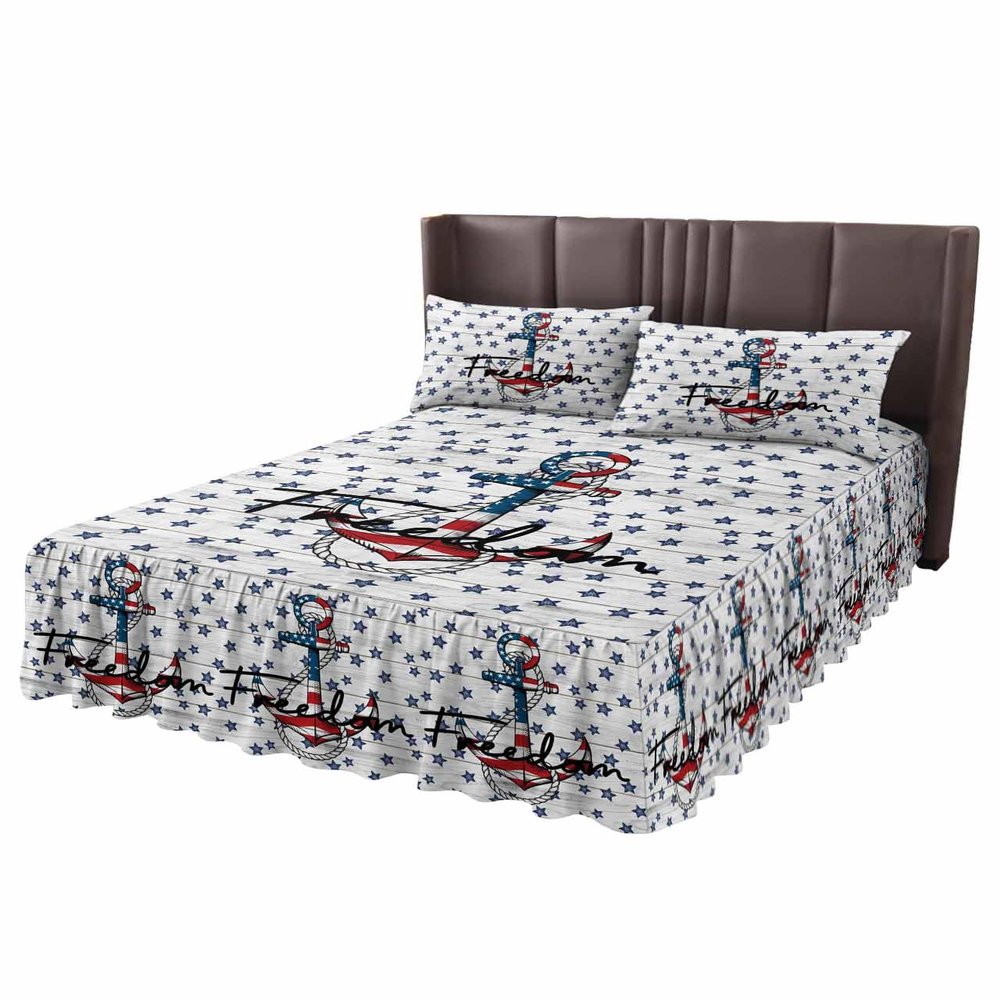 4th of July Bed Skirt for King Size Bed,Wrap Around Bedding Skirt Dust Ruffle Bedskirt Sets With 2 Packs Matching Pillow Covers 36"x20",Classic 18 Inch Drop,Nautical Anchor Red Blue Stars Wood Grain