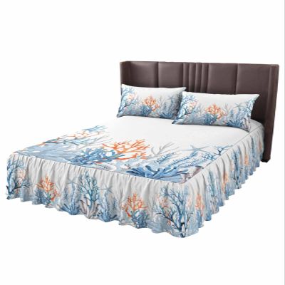 Watercolor Coral Bed Skirt for Twin Size Bed,Wrap Around Bedding Skirt Dust Ruffle Bedskirt Sets With 1 Pack Matching Pillow Covers 30"x20",Classic 18 Inch Drop,Blue Summer Ocean Starfish Simple White
