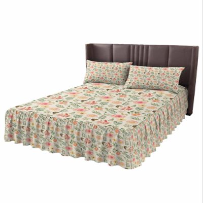 Floral Leaves Bed Skirt for Full Size Bed,Wrap Around Bedding Skirt Dust Ruffle Bedskirt Sets With 2 Packs Matching Pillow Covers 30"x20",Classic 18 Inch Drop,Country Farmhouse Plant Blossom Herb