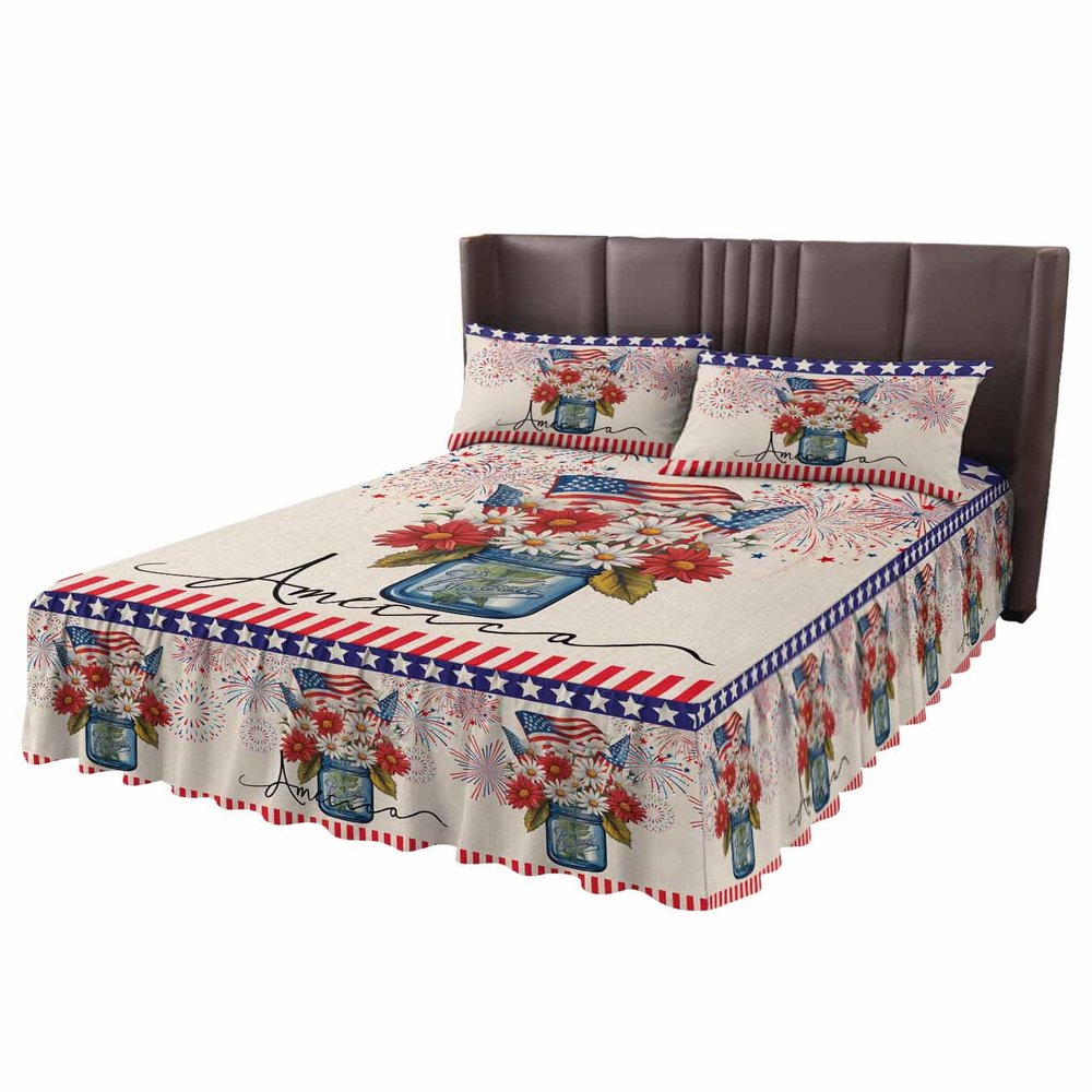 4th Of July Flower Bed Skirt for Queen Size Bed,Wrap Around Bedding Skirt Dust Ruffle Bedskirt Sets With 2 Packs Matching Pillow Covers 30"x20",Classic 18 Inch Drop,Bottle Fireworks Independence Day