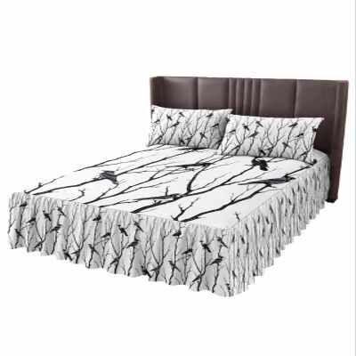 Birds Branch Bed Skirt for Cal King Size Bed,Wrap Around Bedding Skirt Dust Ruffle Bedskirt Sets With 2 Packs Matching Pillow Covers 36"x20",Classic 18 Inch Drop,Forest Black Tree Spring Nature Animal