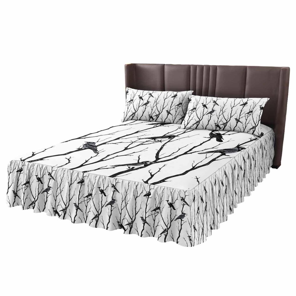 Birds Branch Bed Skirt for Cal King Size Bed,Wrap Around Bedding Skirt Dust Ruffle Bedskirt Sets With 2 Packs Matching Pillow Covers 36"x20",Classic 18 Inch Drop,Forest Black Tree Spring Nature Animal