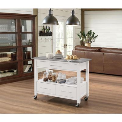 HomeStock Seaside Style 3-Drawer Stainless Steel Top Wooden Kitchen Island in White, Metal, Stainless Steel, Wood, 22" D x 43" W x 36" H, Caster Wheels