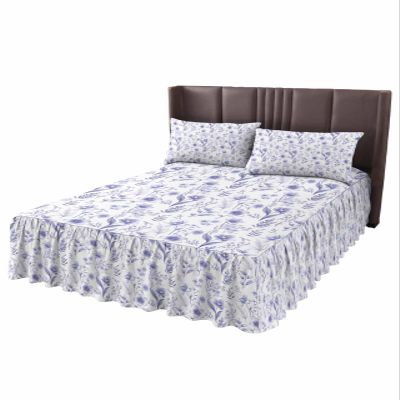 Purple Wildflower Bed Skirt for King Size Bed,Wrap Around Bedding Skirt Dust Ruffle Bedskirt Sets With 2 Packs Matching Pillow Covers 36"x20",Classic 18 Inch Drop,Floral Leaves Spring Garden Herbs