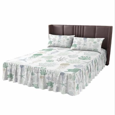 Sage Green Turtle Bed Skirt for Twin Size Bed,Wrap Around Bedding Skirt Dust Ruffle Bedskirt Sets with 1 Pack Matching Pillow Covers 30"x20",18 Inch Drop,Starfish Jellyfish Coral Shell Seahorse