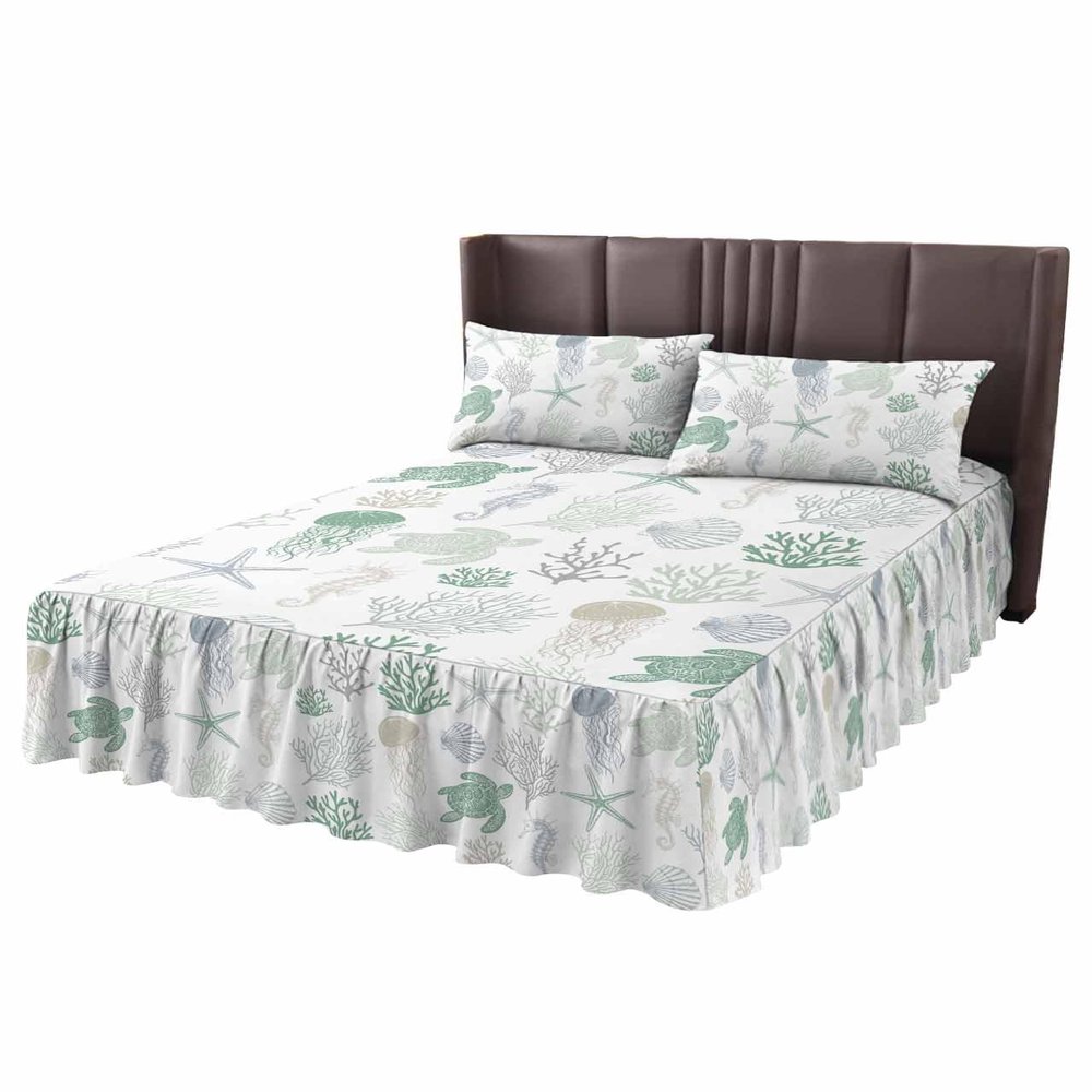 Sage Green Turtle Bed Skirt for Twin Size Bed,Wrap Around Bedding Skirt Dust Ruffle Bedskirt Sets with 1 Pack Matching Pillow Covers 30"x20",18 Inch Drop,Starfish Jellyfish Coral Shell Seahorse