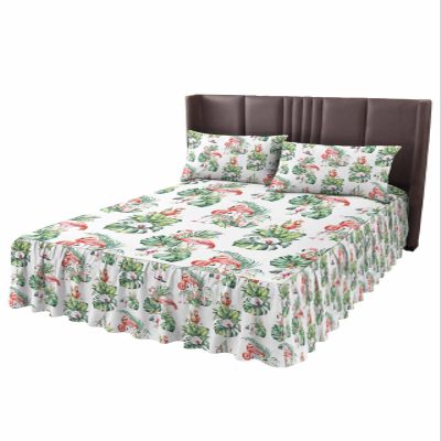 Trpical Green Leaves Bed Skirt for Full Size Bed,Wrap Around Bedding Skirt Dust Ruffle Bedskirt Sets With 2 Packs Matching Pillow Covers 30"x20",Classic 18 Inch Drop,Summer Birds Flower Simple White