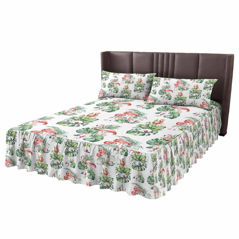 Trpical Green Leaves Bed Skirt for Full Size Bed,Wrap Around Bedding Skirt Dust Ruffle Bedskirt Sets With 2 Packs Matching Pillow Covers 30"x20",Classic 18 Inch Drop,Summer Birds Flower Simple White