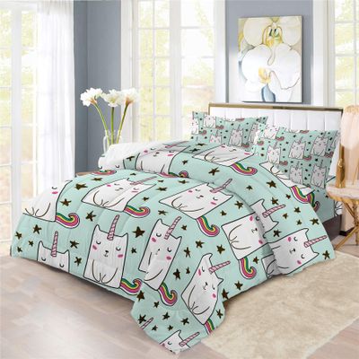 Fantasy Cat Unicorn Design Comforter Set | Magical Feline Unicorn Prints Bedding Set | with Soft Comforter+2 Pillow Shams(3PCS) or Sheet (4PCS) (D,Twin-3PCS)