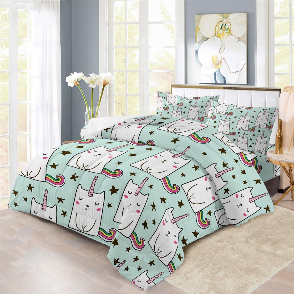 Fantasy Cat Unicorn Design Comforter Set | Magical Feline Unicorn Prints Bedding Set | with Soft Comforter+2 Pillow Shams(3PCS) or Sheet (4PCS) (D,Twin-3PCS)