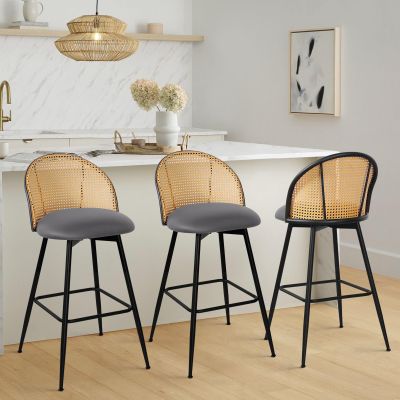 Bekrvio Bar Stools Set of 3, 360 Swivel Upholstered Barstools with Rattan Full Back and Metal Legs, PU Leather Seat, 29" Mid Century Modern Counter Stool Kitchen Island Bar Chairs, Grey