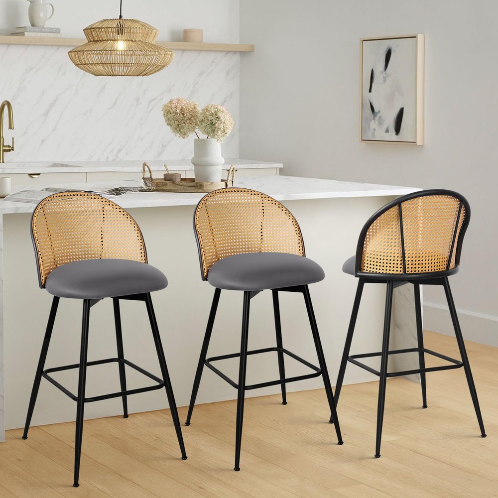 Bekrvio Bar Stools Set of 3, 360 Swivel Upholstered Barstools with Rattan Full Back and Metal Legs, PU Leather Seat, 29" Mid Century Modern Counter Stool Kitchen Island Bar Chairs, Grey