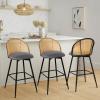Bekrvio Bar Stools Set of 3, 360 Swivel Upholstered Barstools with Rattan Full Back and Metal Legs, PU Leather Seat, 29" Mid Century Modern Counter Stool Kitchen Island Bar Chairs, Grey view 1