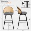Bekrvio Bar Stools Set of 3, 360 Swivel Upholstered Barstools with Rattan Full Back and Metal Legs, PU Leather Seat, 29" Mid Century Modern Counter Stool Kitchen Island Bar Chairs, Grey view 2