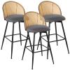 Bekrvio Bar Stools Set of 3, 360 Swivel Upholstered Barstools with Rattan Full Back and Metal Legs, PU Leather Seat, 29" Mid Century Modern Counter Stool Kitchen Island Bar Chairs, Grey view 3