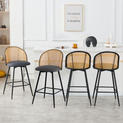 Bekrvio Counter Height Bar Stools Set of 4, 360 Swivel Upholstered Barstools with Rattan Full Back & Metal Legs, PU Leather Seat, 26" Mid Century Modern Counter Stool Kitchen Island Bar Chairs, Grey