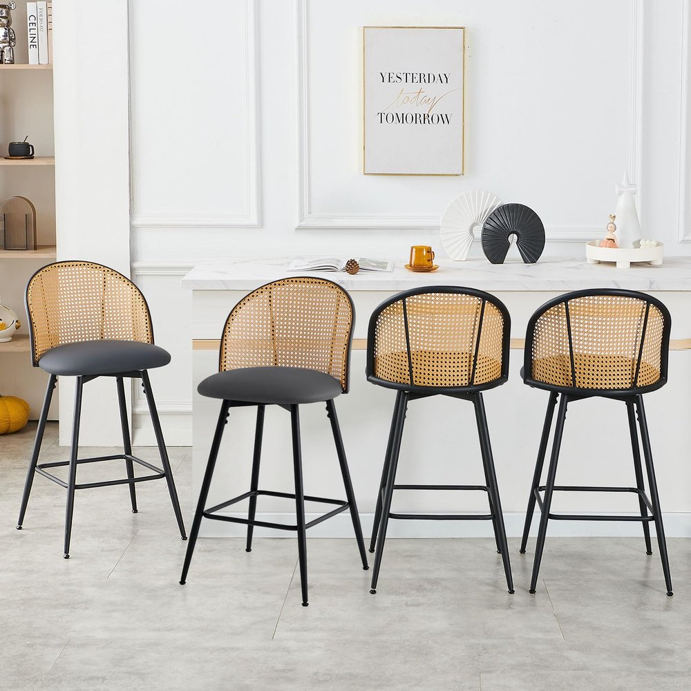 Bekrvio Counter Height Bar Stools Set of 4, 360 Swivel Upholstered Barstools with Rattan Full Back & Metal Legs, PU Leather Seat, 26" Mid Century Modern Counter Stool Kitchen Island Bar Chairs, Grey
