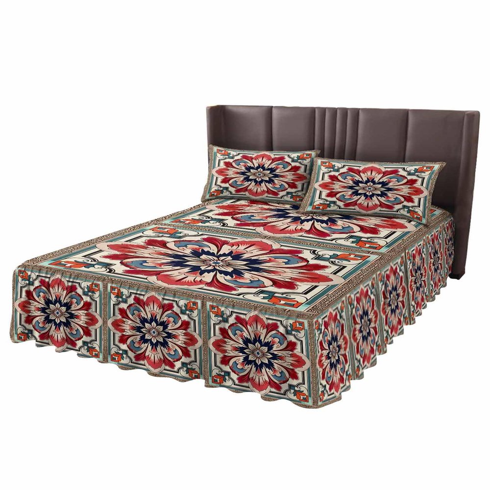 Abstract Flower Bed Skirt for Twin Size Bed,Wrap Around Bedding Skirt Dust Ruffle Bedskirt Sets With 1 Pack Matching Pillow Covers 30"x20",18 Inch Drop,Geometric Boho Traditional Oriental Tribal