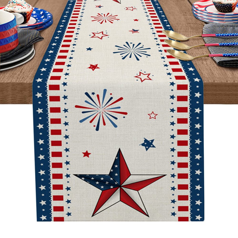 4th of July Table Runner 13x36 Inches Long Patriotic Stars Table Runners Independence Day Dresser Scarf Kitchen Dining Table Red White and Blue Fireworks Runner for Memorial Day Holiday Party Decor