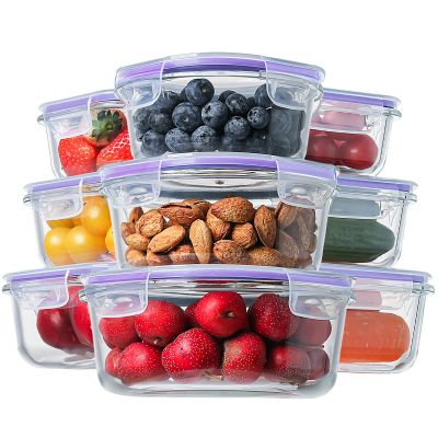 HOMBERKING Glass Food Storage Containers with Lids, 18 Piece Meal Prep Containers, Airtight Lunch Bento Boxes, BPA-Free & Leak Proof (9 Lids & 9 Containers) - Purple