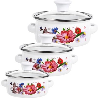 Totority Kitchen Enamel Stockpot with Lid 3 Pcs Retro Flower Stew Bean Cooking Pot, Vintage Thicken Soup Pot with Handles, Nonstick, Safe for Induction Cookers, Gas Stove