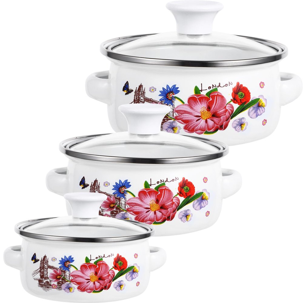 Totority Kitchen Enamel Stockpot with Lid 3 Pcs Retro Flower Stew Bean Cooking Pot, Vintage Thicken Soup Pot with Handles, Nonstick, Safe for Induction Cookers, Gas Stove