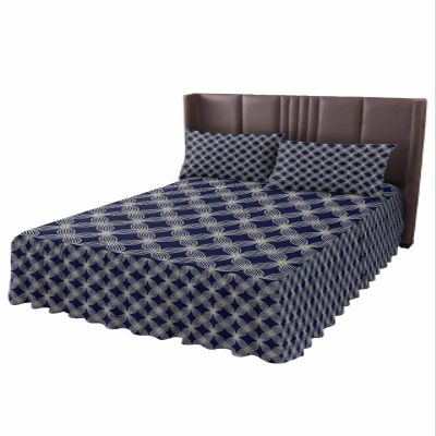 Flower Blue Bed Skirt for Queen Size Bed,Wrap Around Bedding Skirt Gathered Dust Ruffle Bedskirt Sets With 2 Packs Matching Pillow Covers 30"x20",Classic 18 Inch Drop,Minimalist Geometric Abstract Art