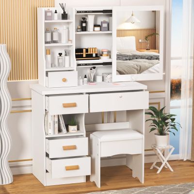 Haibinsuo Vanity Desk with Sliding Mirror, Bedroom Dressing Table, Makeup Table with 5 Drawers & Shelves Hidden Storage Space White