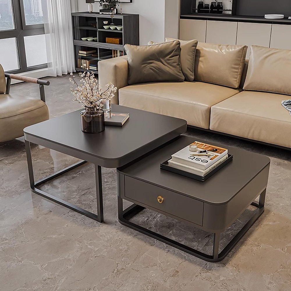 Coffee Tables for Living Room, Nesting Table Set of 2 Modern, with Drawer Storage 2 in 1 Square Stacking Side Tables End Tables for Living Room Bedroom Living Room, Office Black 27.5 x 27.5 x 17.7 cm