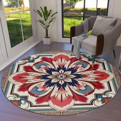 Abstract Flower Round Area Rugs Collection 4', Non Slip Indoor Circular Throw Runner Rug Floor Mat Carpet for Living Room Dining Table Bedroom Nursery Decor Geometric Boho Traditional Oriental Tribal