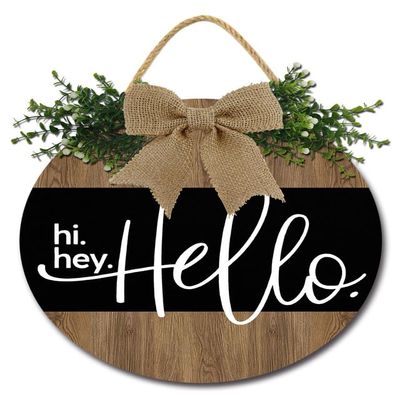 FemiaD Hello Sign Rustic Front Door Decor Round Wood Hanging Sign Farmhouse Porch Decorations Funny Wreaths Hanging Wooden Plaque Decoration Farmhouse Porch Decor for Home Front Door Decor 12inch