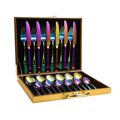 IFAJOOR Flatware Silverware Set, 24 Pieces Stainless Steel Tableware, Knife, Fork And Spoon, Hotel Household Steak Knife And Fork, Wooden Gift Box Set, Cutlery Set (Color : Rainbow)