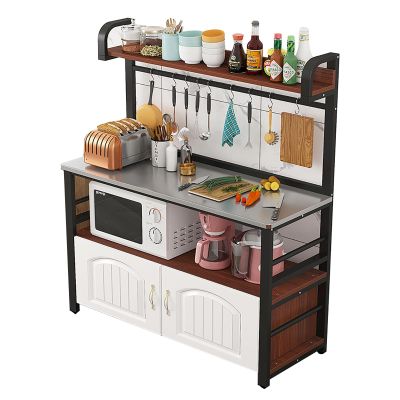 CMYAOYC Kitchen Bakers Rack, Open Shelf and Storage Cabinet for Home, Kitchen and Dining Room, 4-Tier Microwave Oven Stand Workstation with 4 Hooks (Color : Black Frame+Teak, Size : 78 * 50 * 150CM)