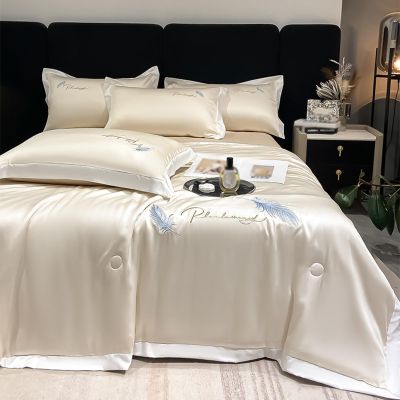 XHCTNN Cool Skin Friendly Ice Silk Quilt - Lightweight Queen Size Smooth Sheets 4pc Set - Fashionable Exquisite Embroidery Air Conditioning Comforter Pillowcase Bedding(E-4Pcs,150 * 200cm)