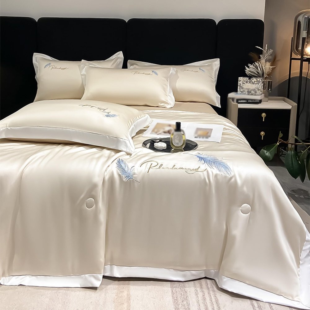 XHCTNN Cool Skin Friendly Ice Silk Quilt - Lightweight Queen Size Smooth Sheets 4pc Set - Fashionable Exquisite Embroidery Air Conditioning Comforter Pillowcase Bedding(E-4Pcs,150 * 200cm)