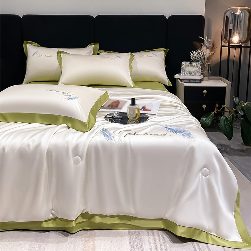 XHCTNN Cool Skin Friendly Ice Silk Quilt - Lightweight Queen Size Smooth Sheets 4pc Set - Fashionable Exquisite Embroidery Air Conditioning Comforter Pillowcase Bedding(G,150 * 200cm)