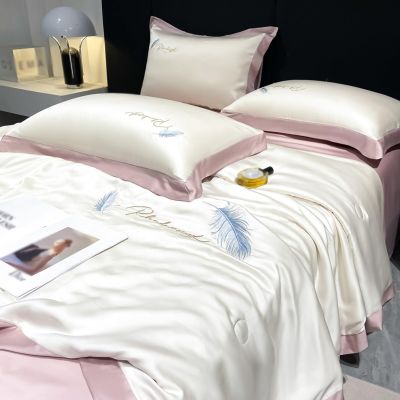 XHCTNN King Ice Silk Sheets Queen - Silky Soft Satin Cooling Comforter Lightweight Breathable Full Size Air Conditioning Quilt Pillowcase Bedding Set for Home Hotel Bedroom(D,180 * 220cm)
