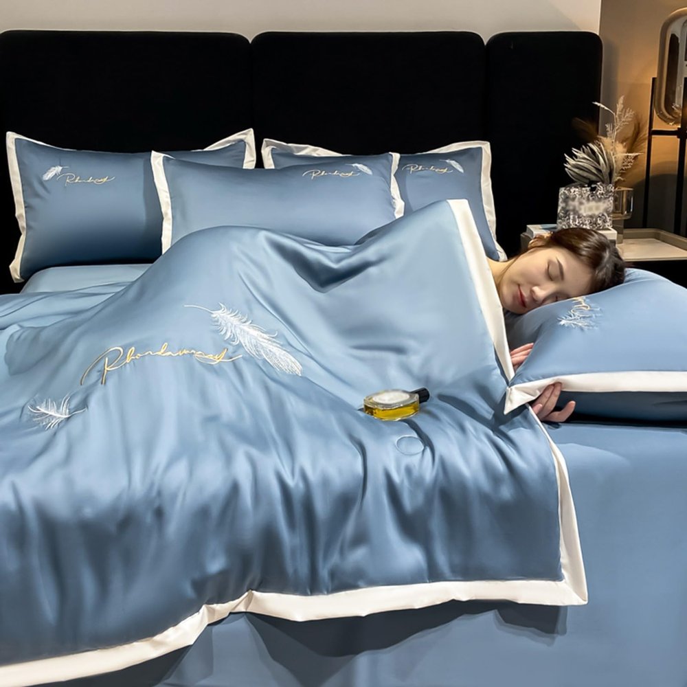 XHCTNN Cool Skin Friendly Ice Silk Quilt - Lightweight Queen Size Smooth Sheets 4pc Set - Fashionable Exquisite Embroidery Air Conditioning Comforter Pillowcase Bedding(A,150 * 200cm)