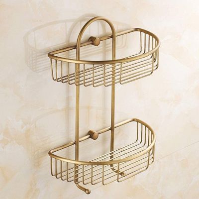 2 Tier Antique Wall Mounted Bathroom Shower Corner Shelf Basket Brass Hanging Shower Caddy Organizer Holder Retro Triangle Copper Hollow Storage Rack Basket with Hooks