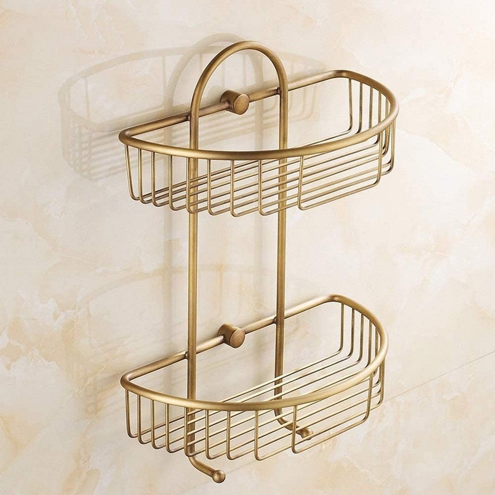 2 Tier Antique Wall Mounted Bathroom Shower Corner Shelf Basket Brass Hanging Shower Caddy Organizer Holder Retro Triangle Copper Hollow Storage Rack Basket with Hooks
