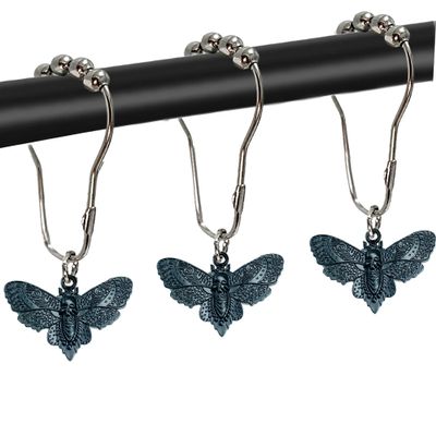 Gothic Shower Curtain Hooks, Halloween Shower Curtain Death Moth Hooks Ring Decorative Vintage Skull Face Butterfly Gothic Bathroom Decor