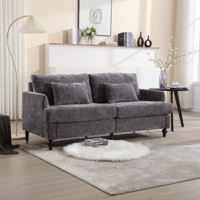 68.9" Chenille Loveseat Sofa, Upholstered Sofa Couch with 2 Soft Pillows, Mid Century Modern 2-Seater Love Seat Couch with Gourd-Shaped Wood Legs for Living Room, Bedroom, Apartment, Grey