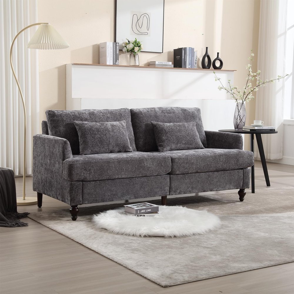 68.9" Chenille Loveseat Sofa, Upholstered Sofa Couch with 2 Soft Pillows, Mid Century Modern 2-Seater Love Seat Couch with Gourd-Shaped Wood Legs for Living Room, Bedroom, Apartment, Grey